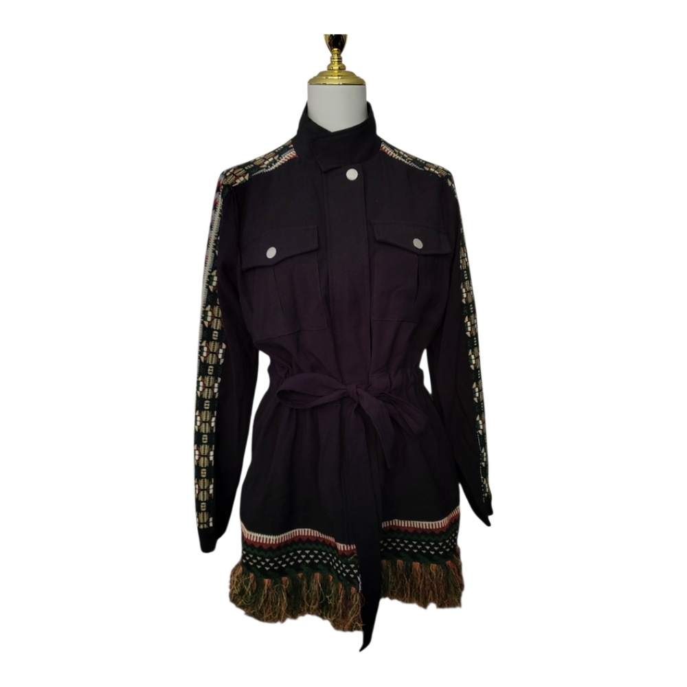 Drôle de Copine Paris Black Belted Military Jacket Coat L Embroidered Trim Fring